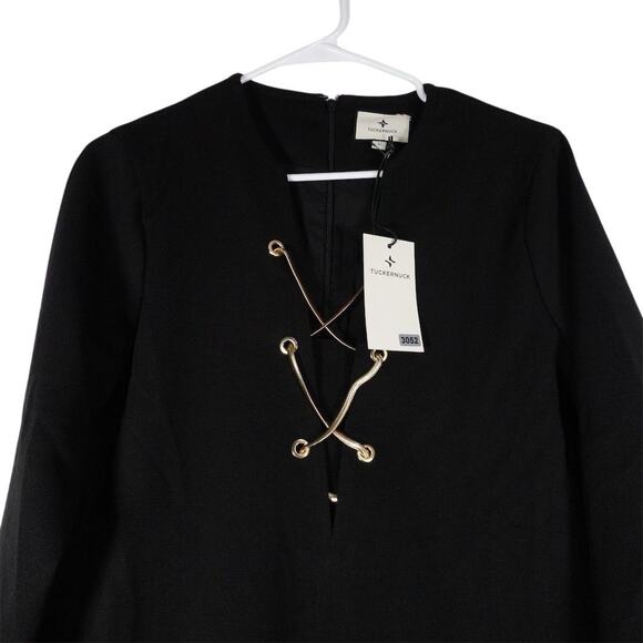 New Tuckernuck Women's Gold Tie Front Black Brigitte Mini Dress Size Large 3052 - Picture 3 of 12
